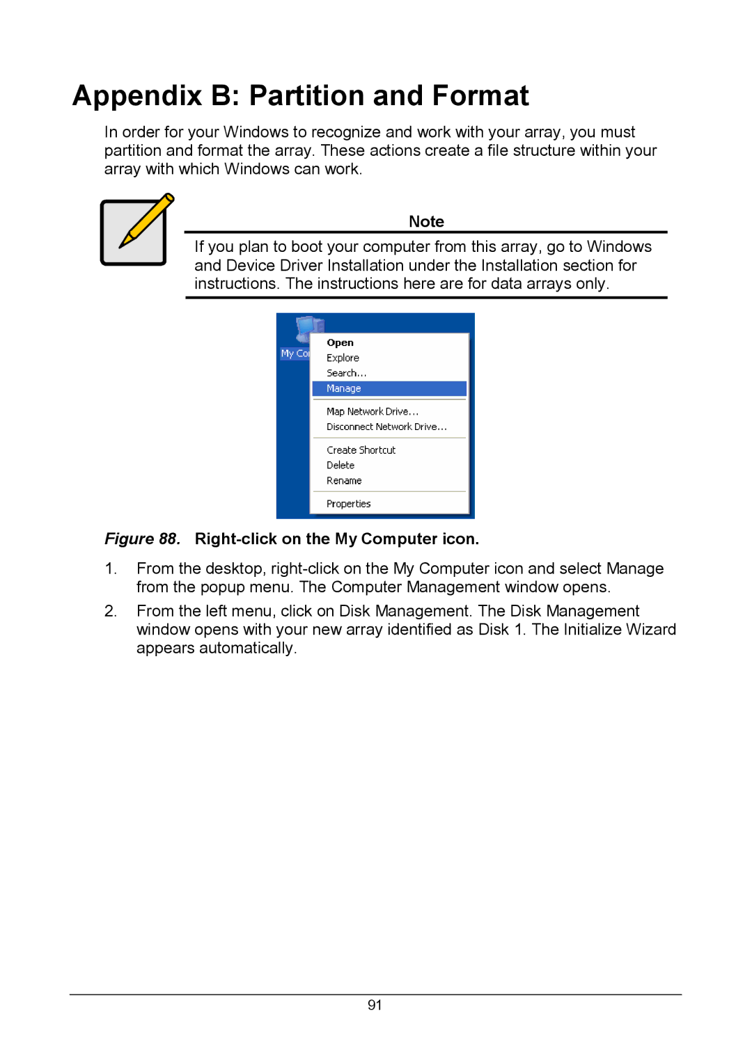 Promise Technology Version 4.4 user manual Appendix B Partition and Format, Right-click on the My Computer icon 