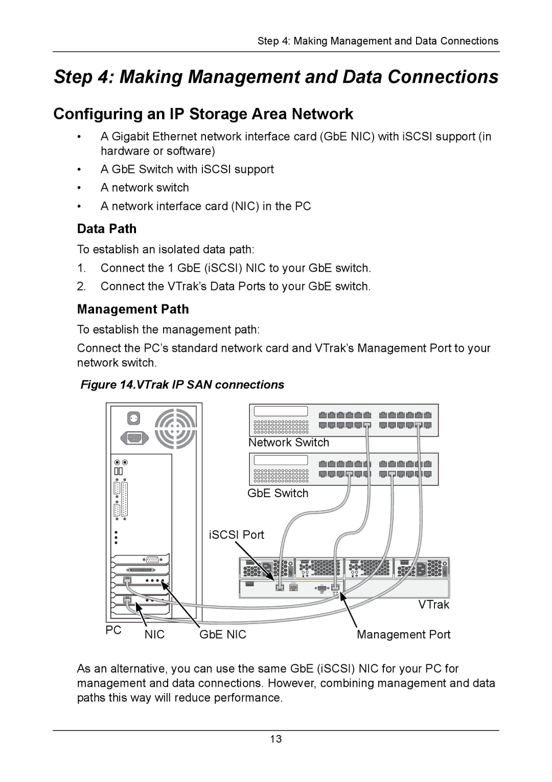 Promise Technology VTM210 Making Management and Data Connections, Configuring an IP Storage Area Network, Data Path 