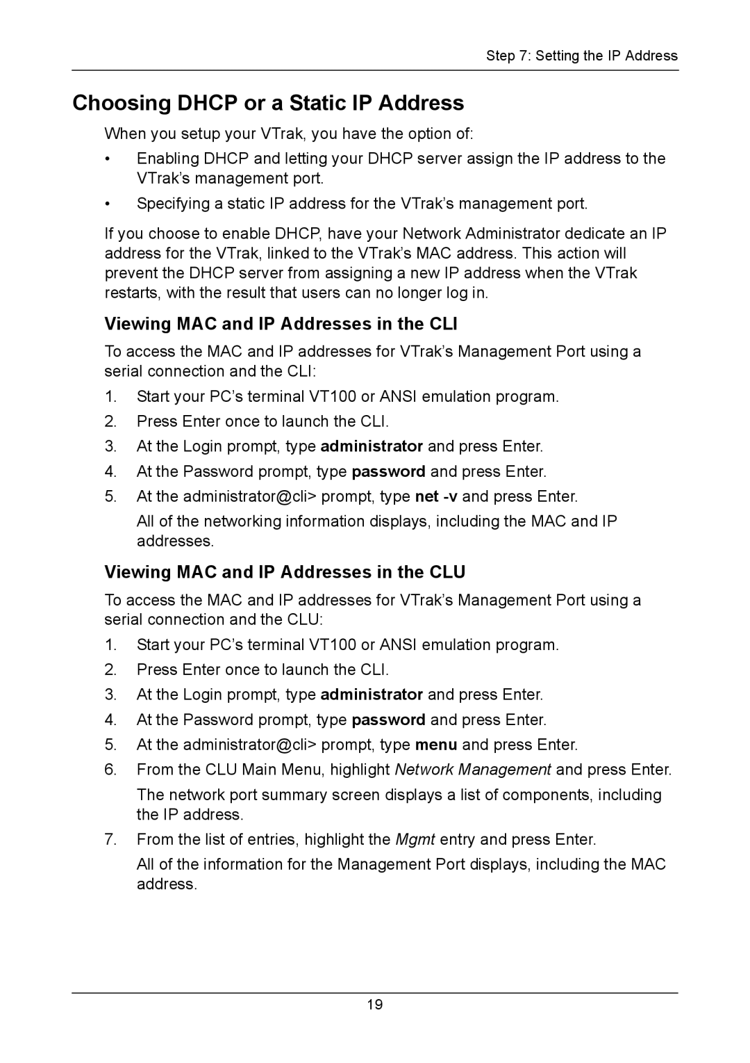 Promise Technology VTM210, VTM610i, VTM310i Choosing Dhcp or a Static IP Address, Viewing MAC and IP Addresses in the CLI 