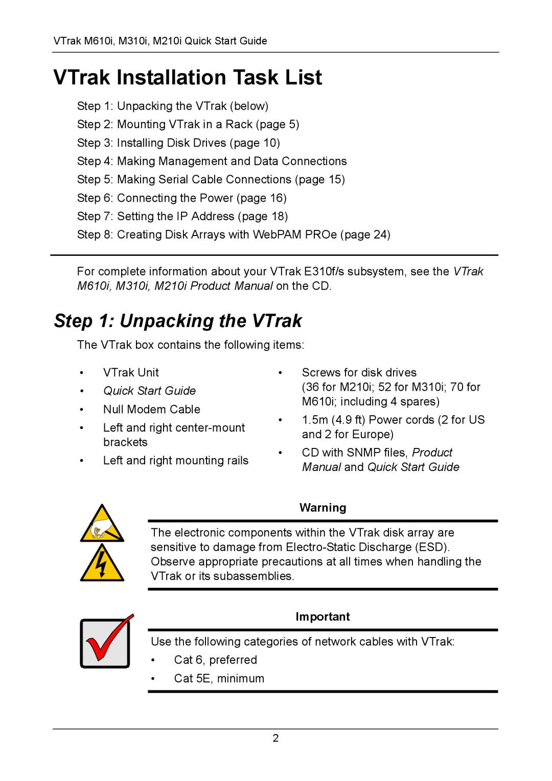 Promise Technology VTM310i, VTM610i, VTM210 quick start VTrak Installation Task List, Unpacking the VTrak 