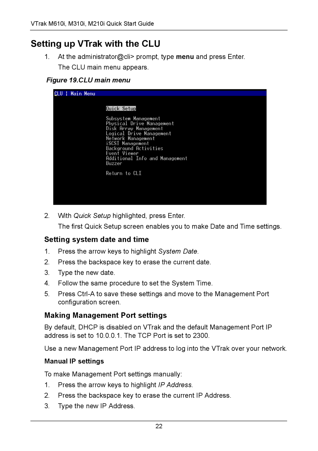 Promise Technology VTM210 Setting up VTrak with the CLU, Setting system date and time, Making Management Port settings 