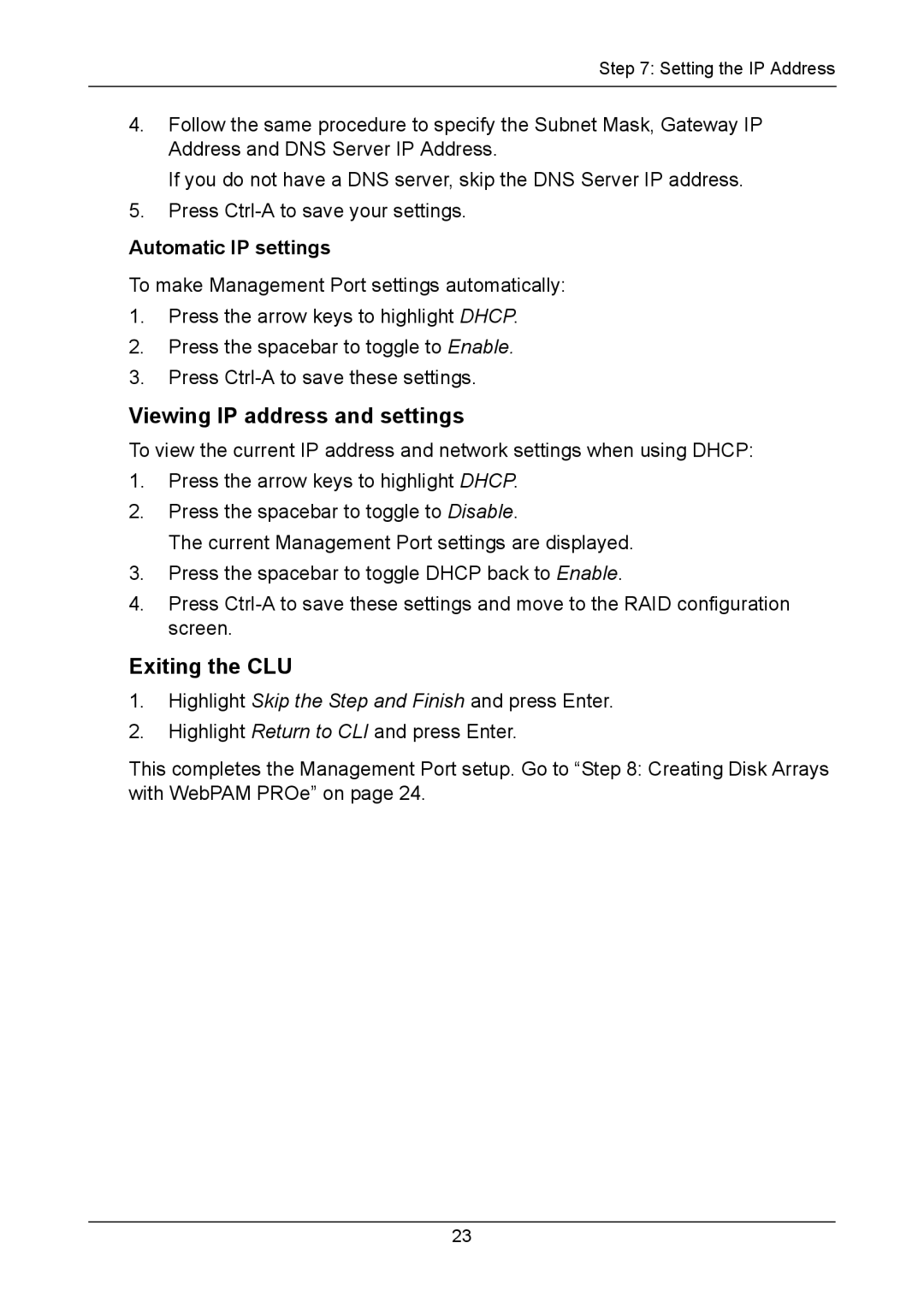 Promise Technology VTM310i, VTM610i, VTM210 Viewing IP address and settings, Exiting the CLU, Automatic IP settings 