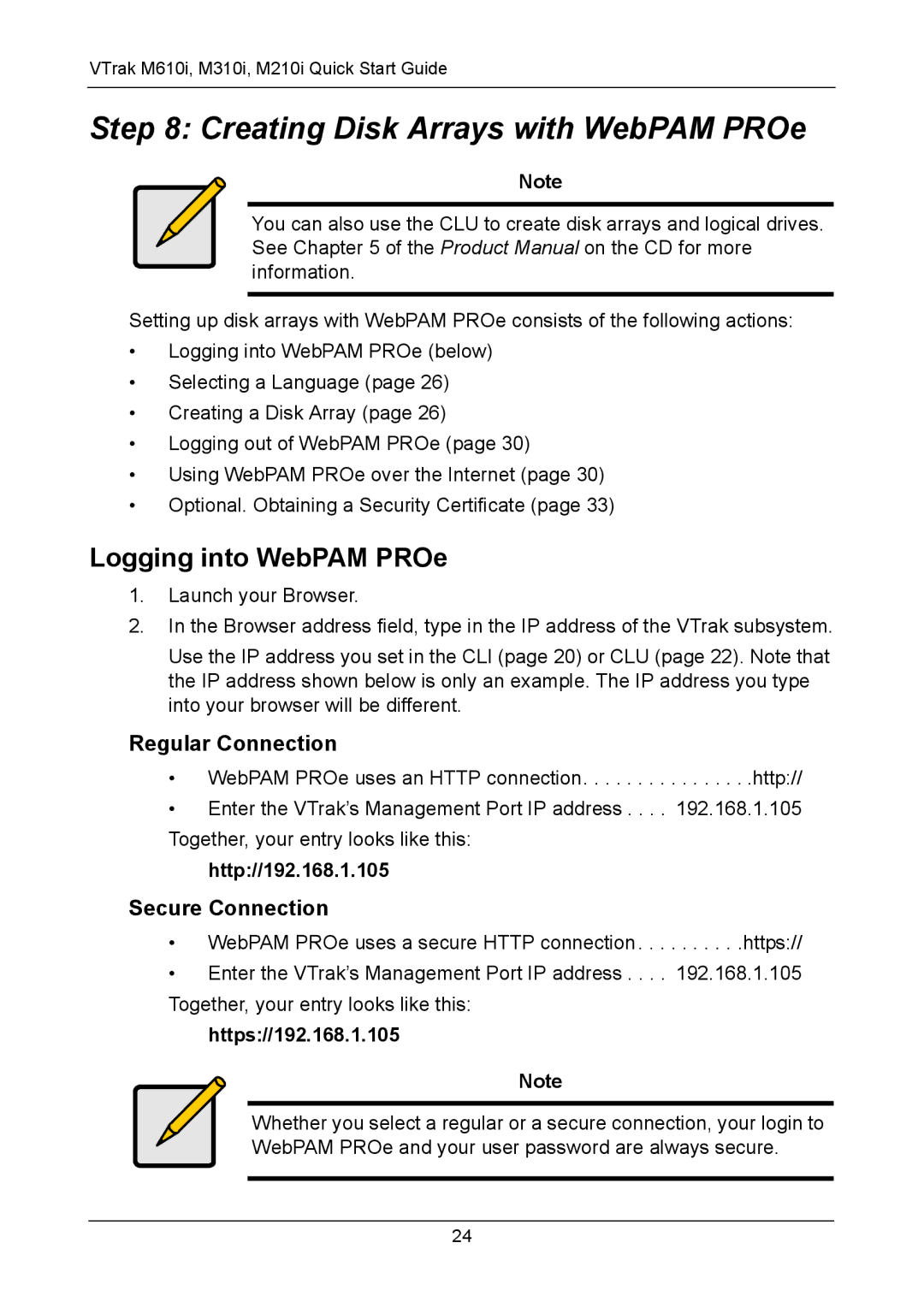 Promise Technology VTM610i, VTM210 Creating Disk Arrays with WebPAM PROe, Logging into WebPAM PROe, Regular Connection 