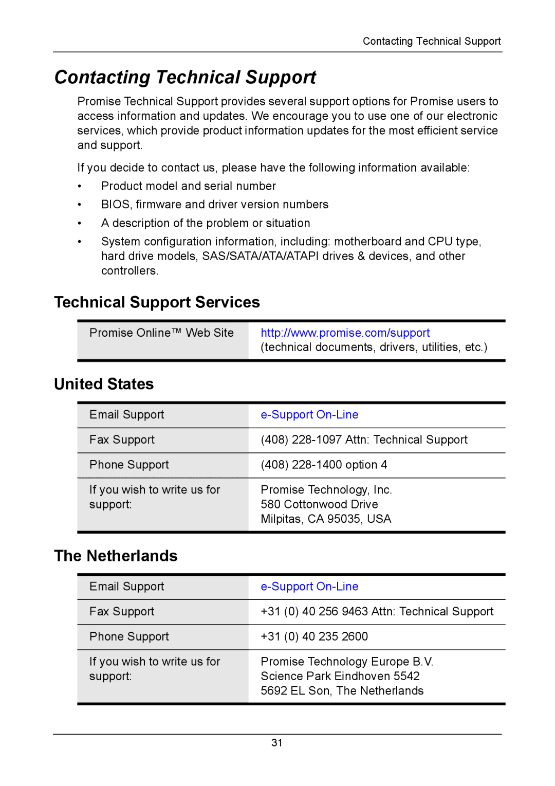 Promise Technology VTM210, VTM610i Contacting Technical Support, Technical Support Services, United States, Netherlands 