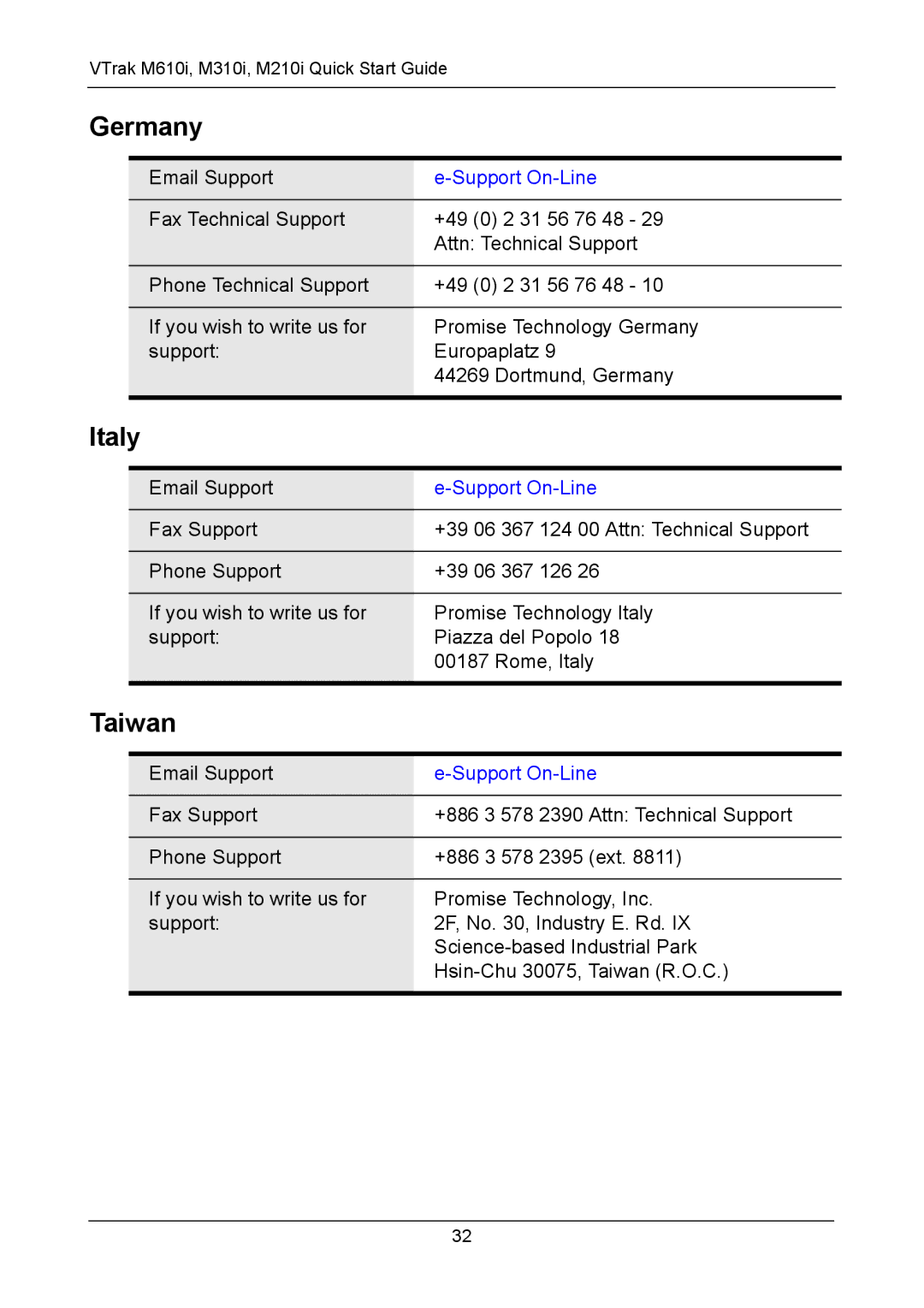 Promise Technology VTM310i, VTM610i, VTM210 quick start Germany, Italy, Taiwan 