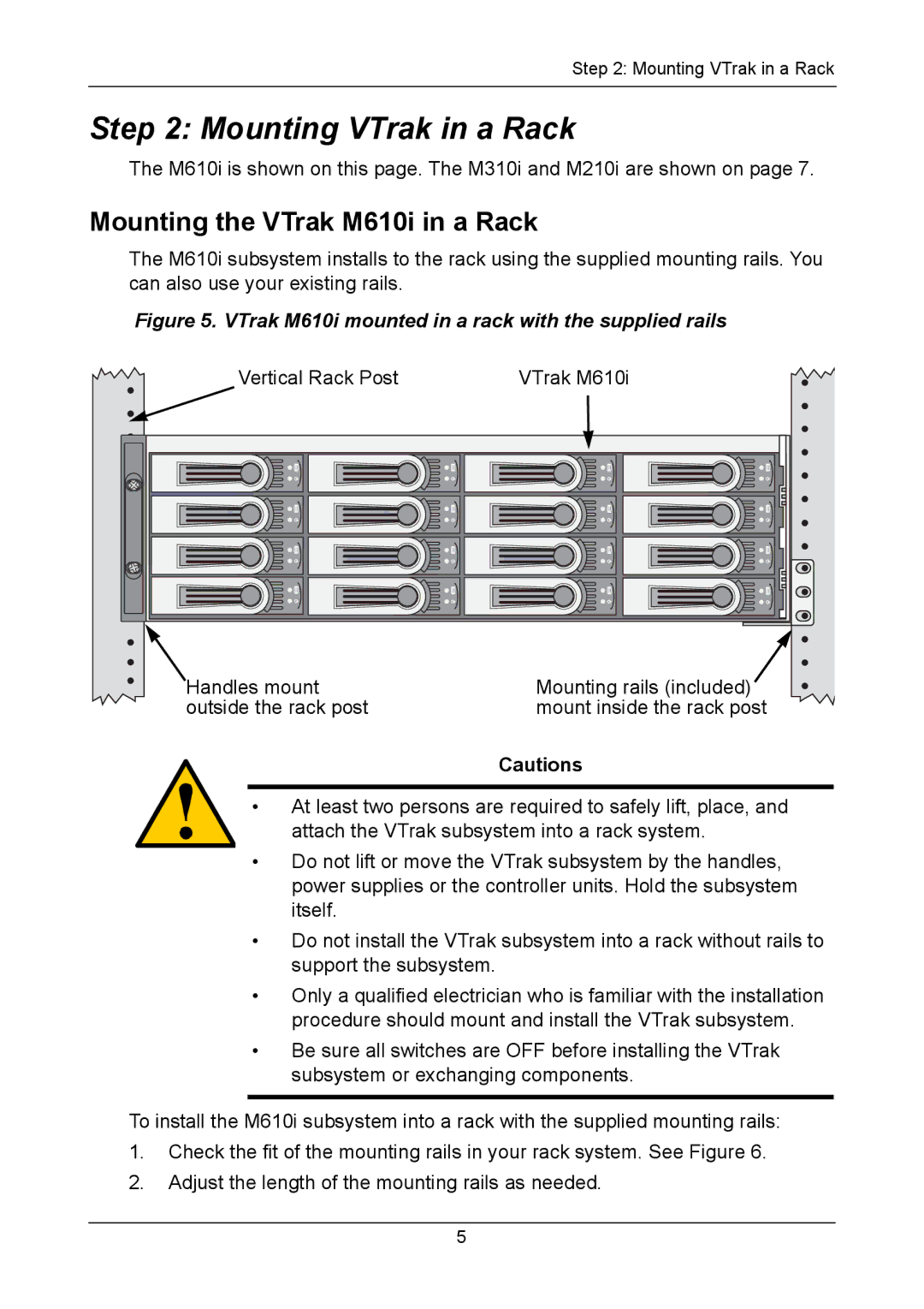 Promise Technology VTM310i, VTM610i, VTM210 quick start Mounting VTrak in a Rack, Mounting the VTrak M610i in a Rack 