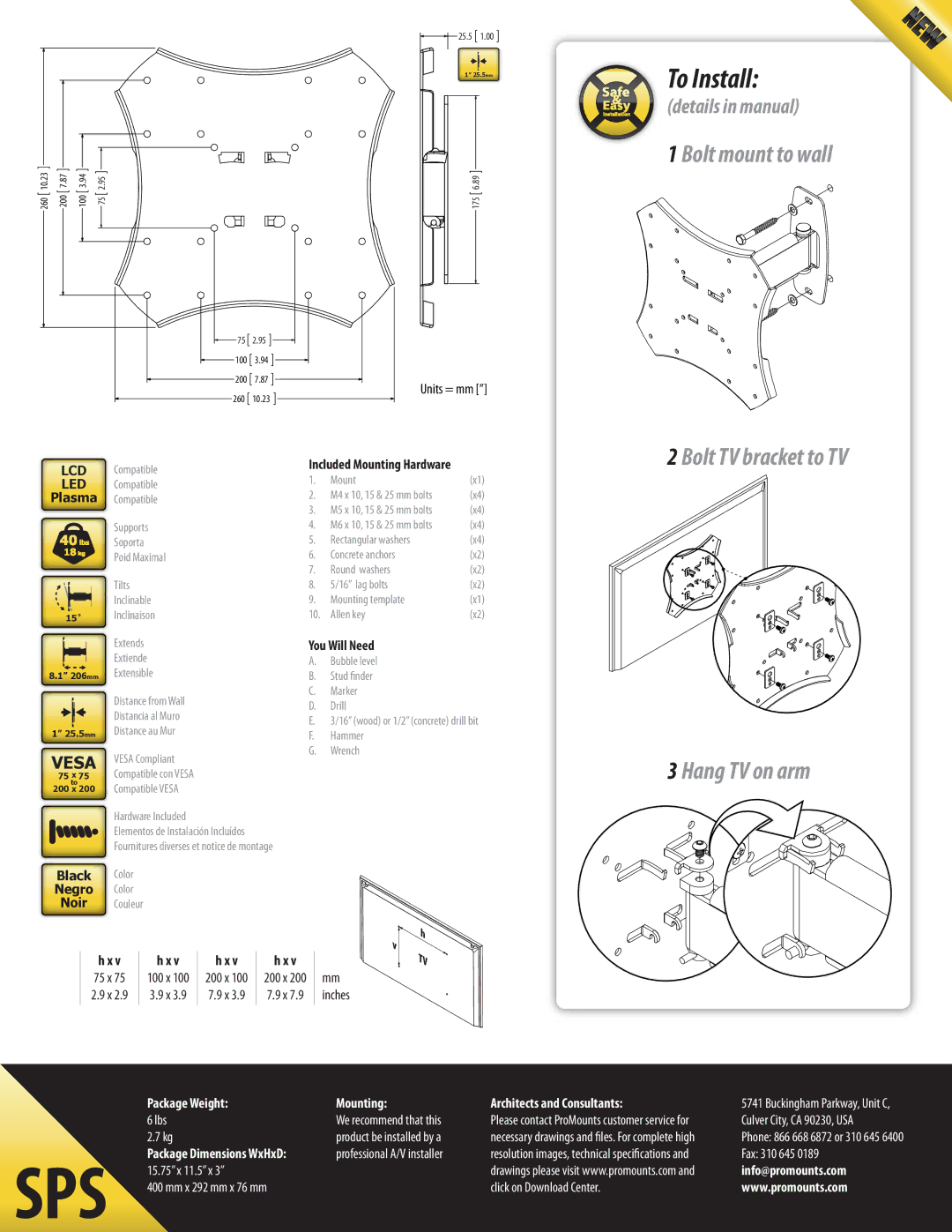 ProMounts SPS manual Bolt mount to wall, Bolt TV bracket to TV Hang TV on arm 