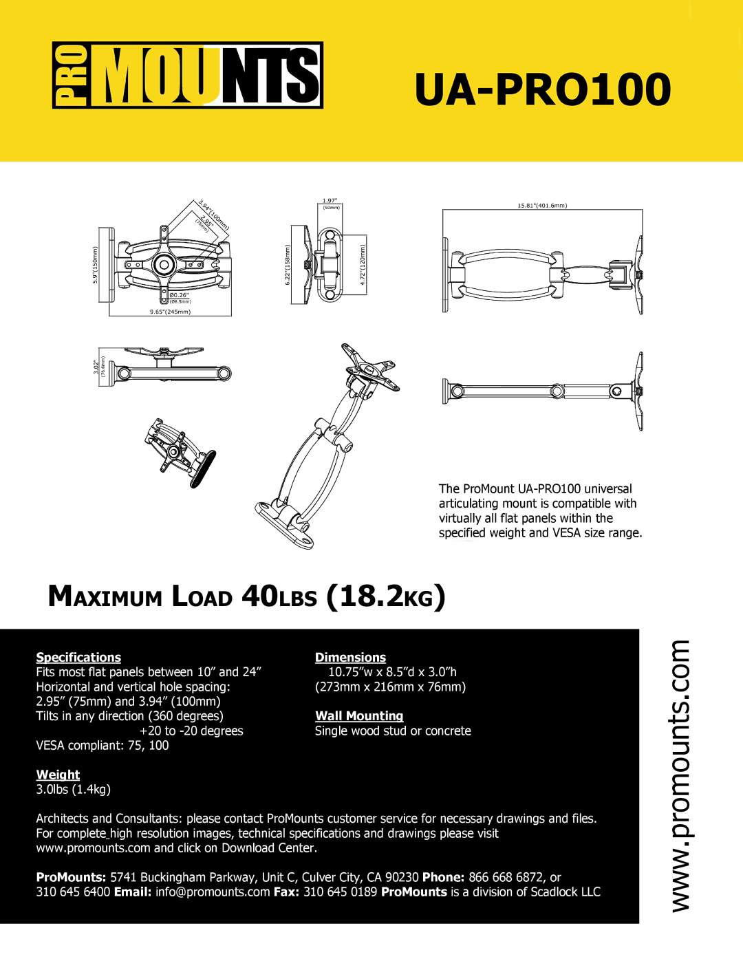 ProMounts UAPRO100 manual Specifications Dimensions, Wall Mounting, Weight 