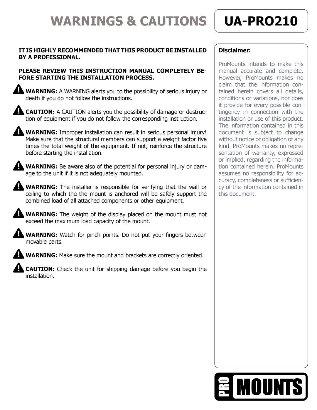 ProMounts UAPRO210 manual Disclaimer 