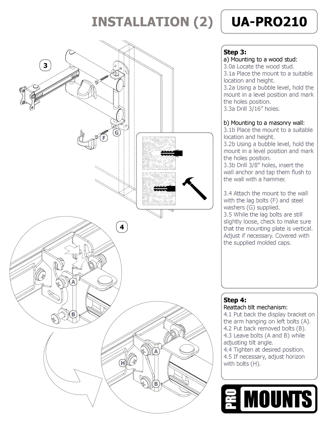 ProMounts UAPRO210 manual Installation 2 UA-PRO210, Step 