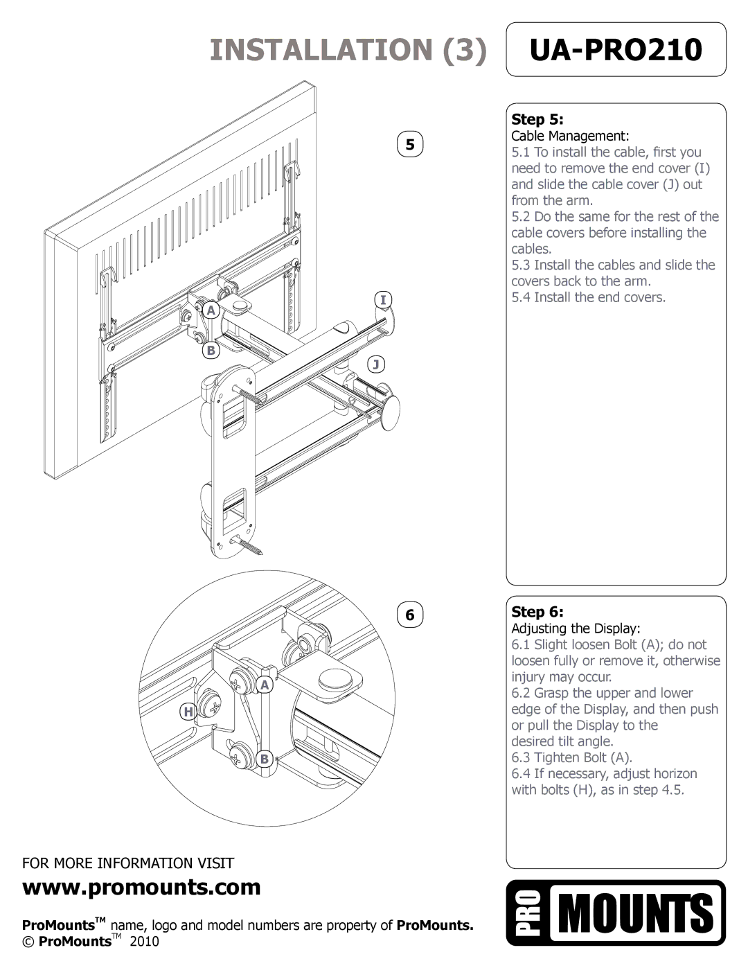 ProMounts UAPRO210 manual Installation 3 UA-PRO210 