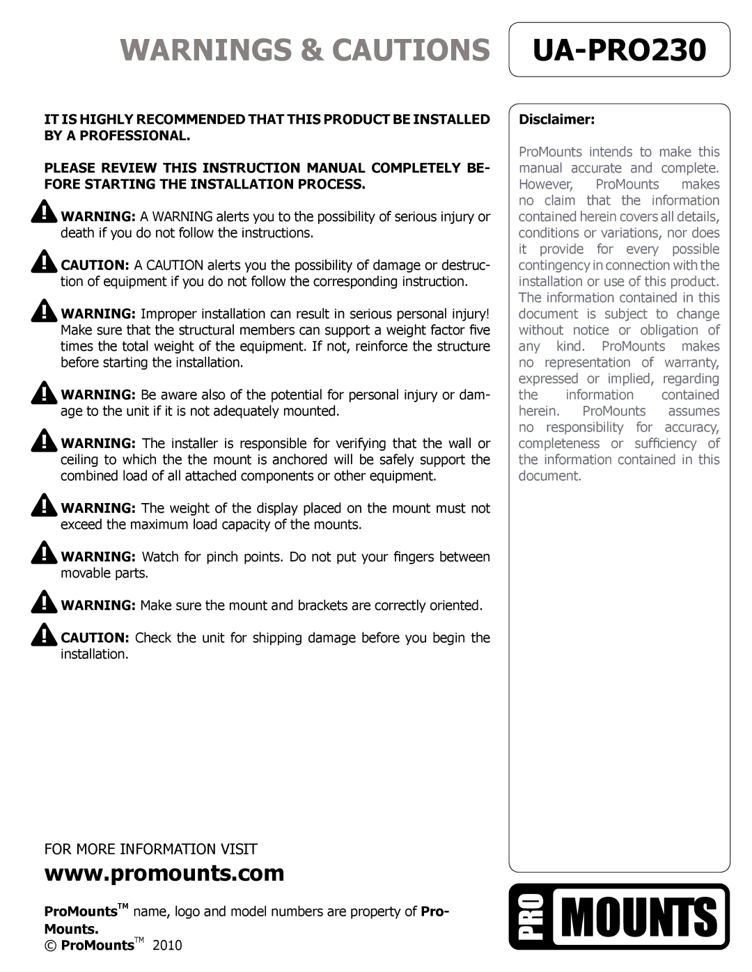 ProMounts UAPRO230 manual For More Information Visit 