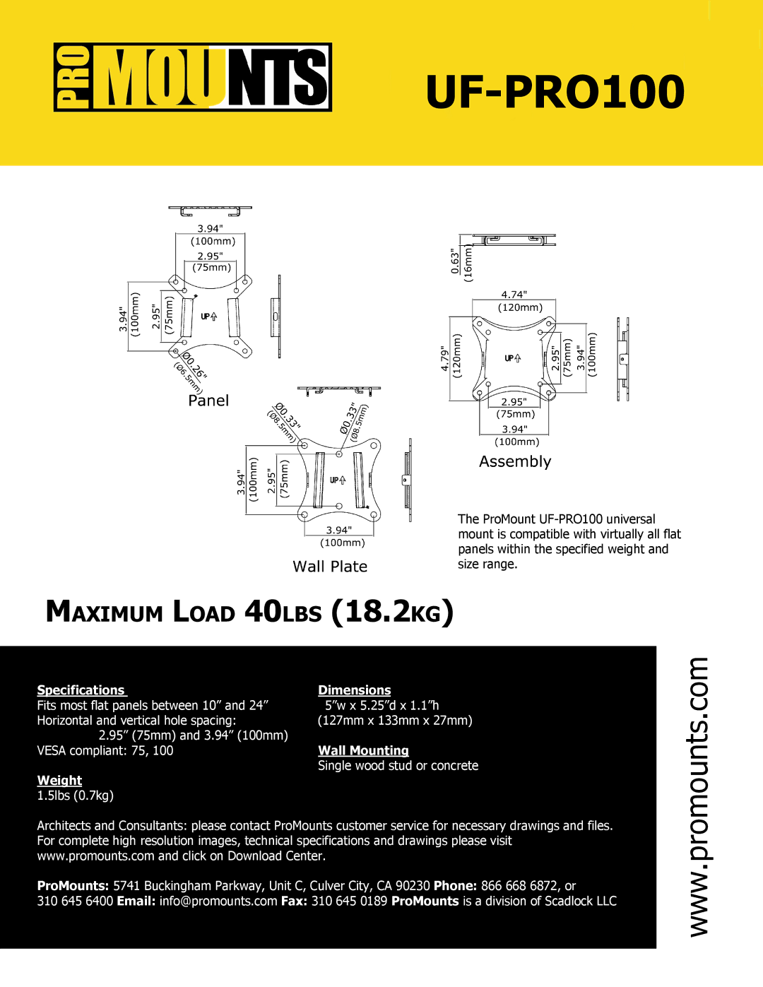 ProMounts UFPRO100, UTPRO100 manual Specifications Dimensions, Wall Mounting, Weight 