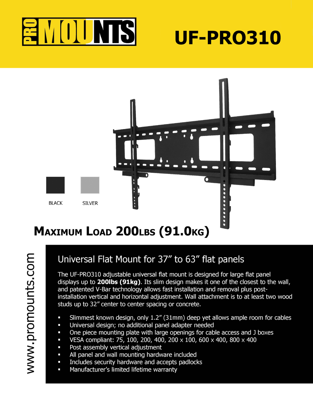 ProMounts UFPRO310 manual UF-PRO310, Universal Flat Mount for 37 to 63 flat panels 