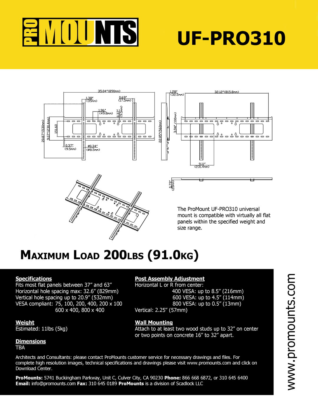 ProMounts UFPRO310 manual Specifications Post Assembly Adjustment, Weight Wall Mounting, Dimensions, Tba 