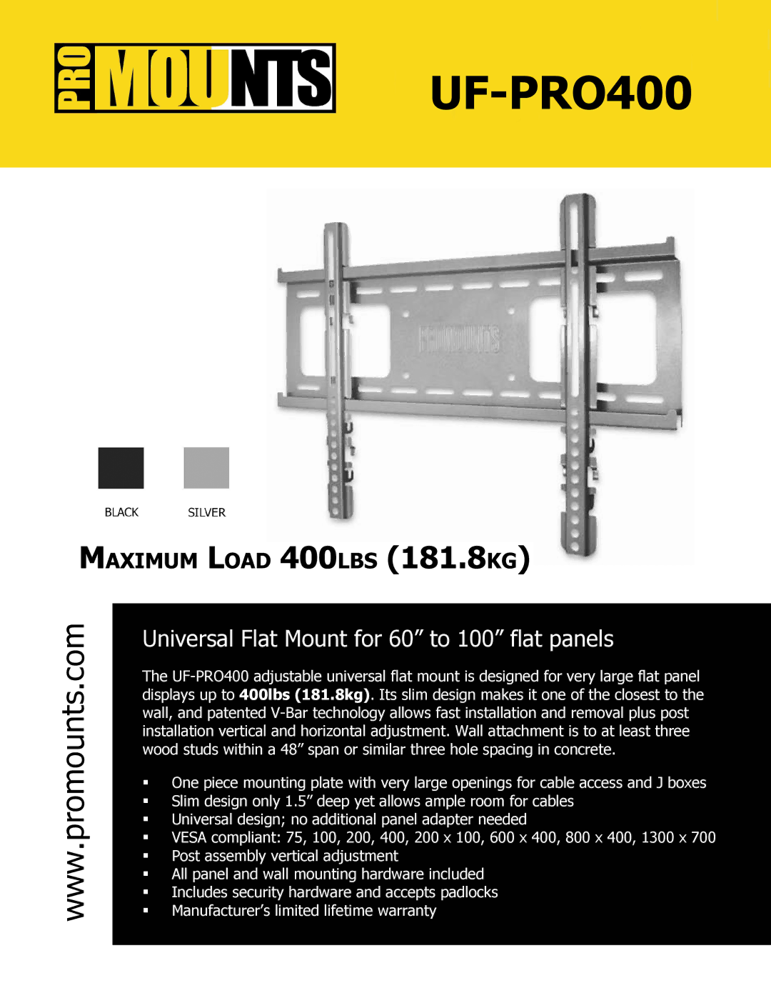 ProMounts UFPRO400 manual UF-PRO400, Universal Flat Mount for 60 to 100 flat panels 