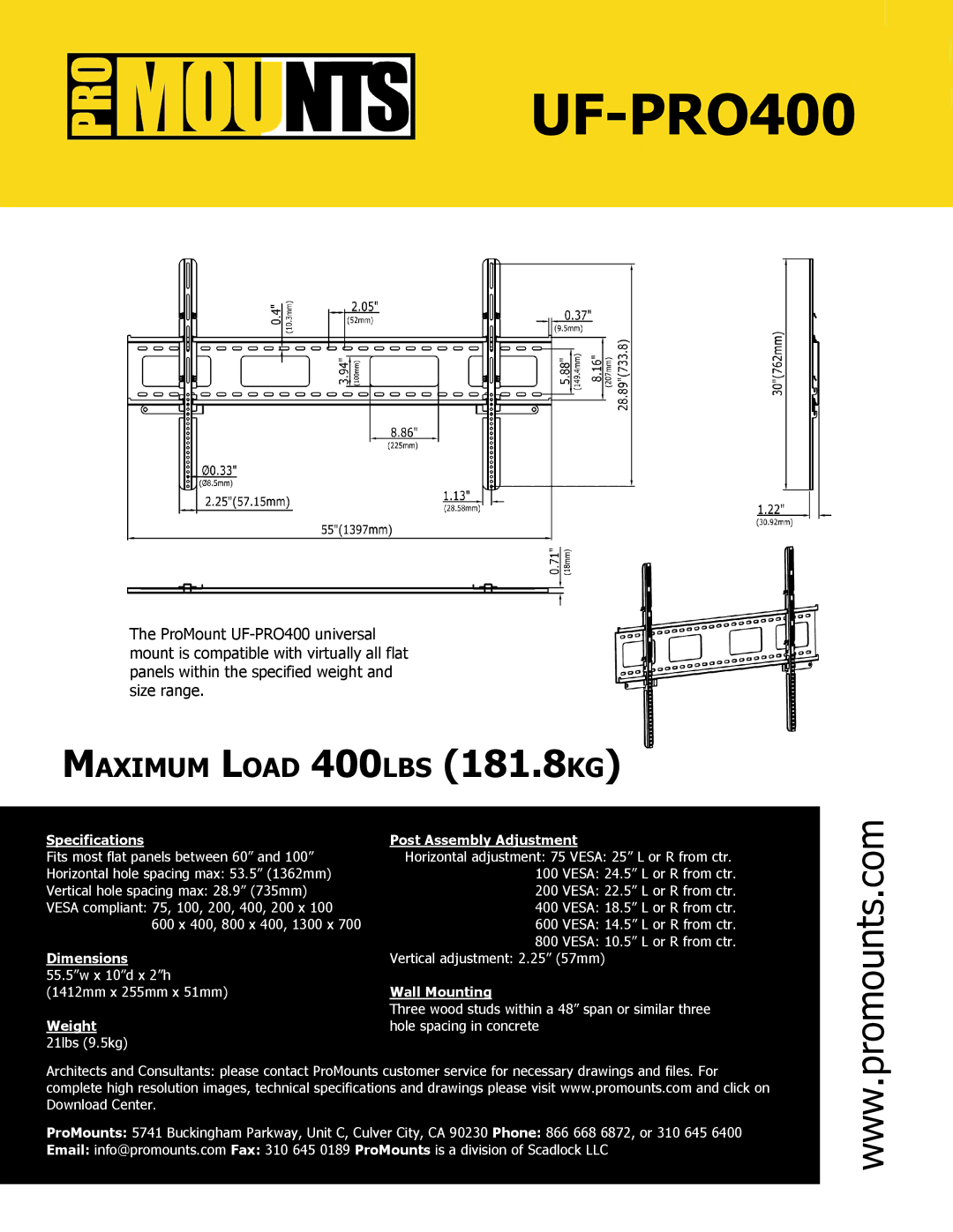 ProMounts UFPRO400 manual Specifications, Weight 21lbs 9.5kg Post Assembly Adjustment, Wall Mounting 