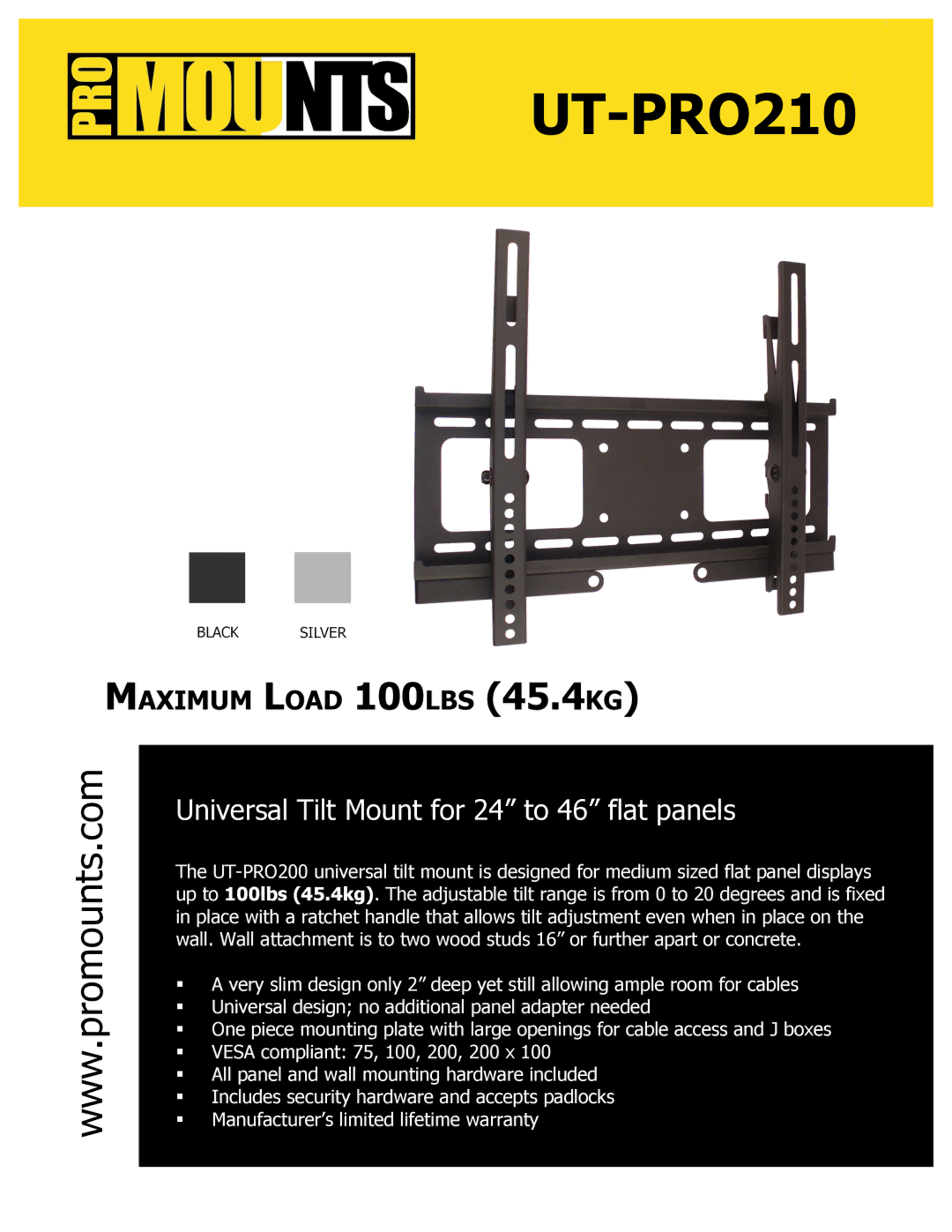 ProMounts UTPRO210 manual UT-PRO210, Universal Tilt Mount for 24 to 46 flat panels 