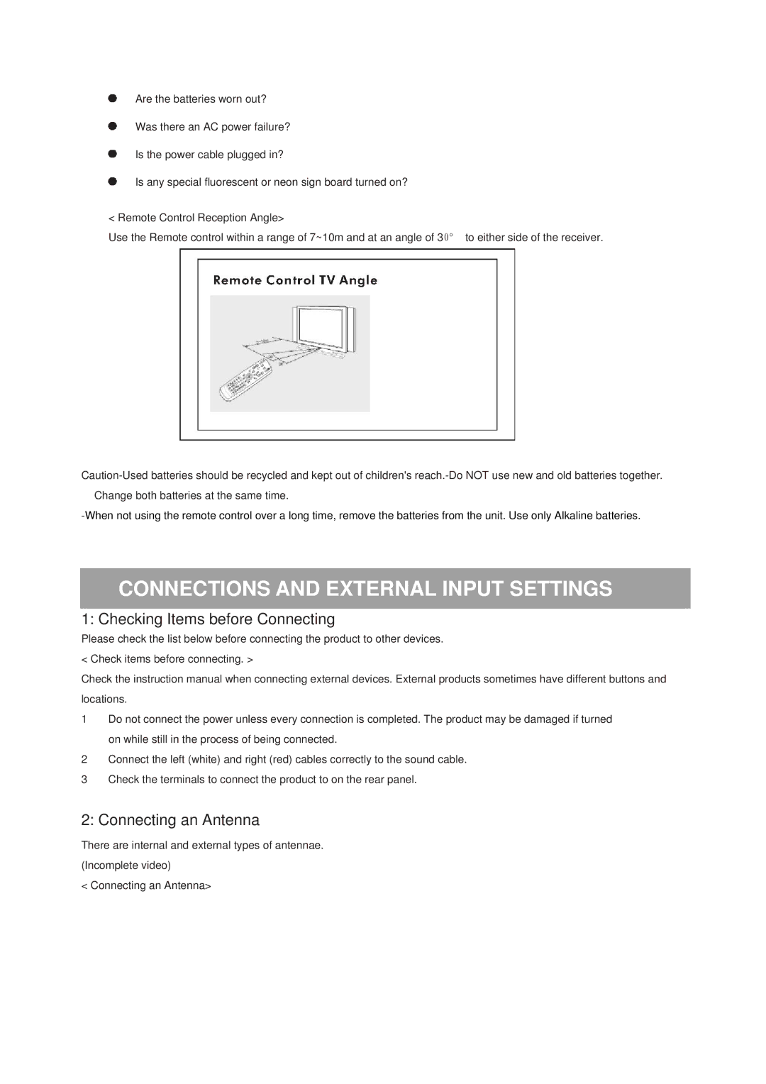 ProScan 32LA30Q manual Connections and External Input Settings, Checking Items before Connecting 