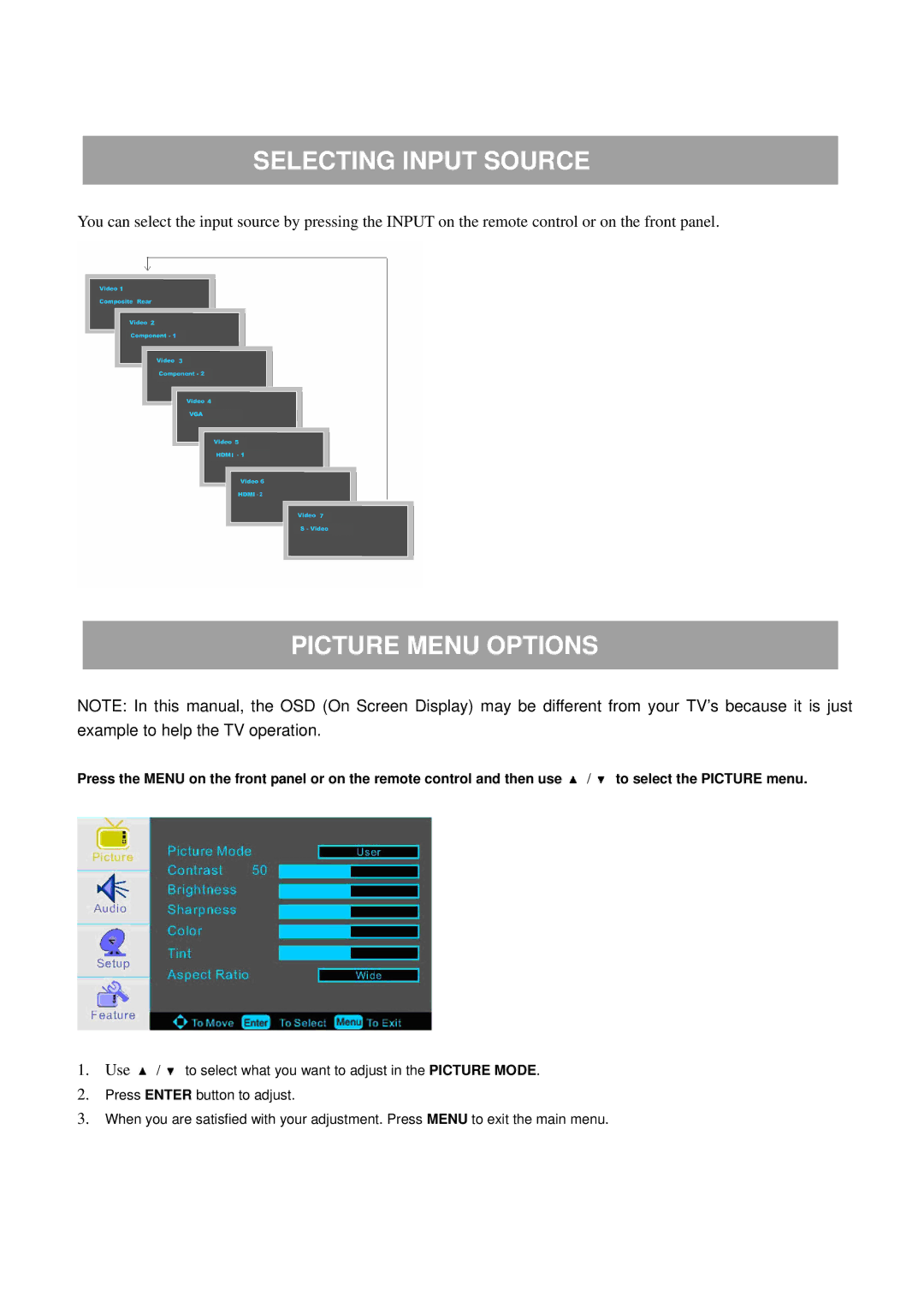 ProScan 32LA30Q manual Selecting Input Source, Picture Menu Options 