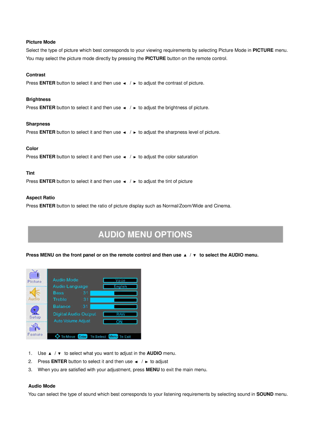 ProScan 32LA30Q manual Audio Menu Options 