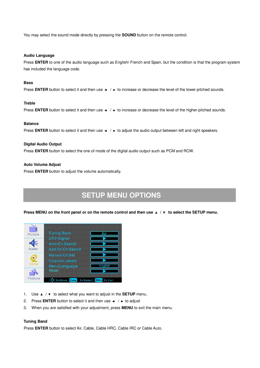 ProScan 32LA30Q manual Setup Menu Options 