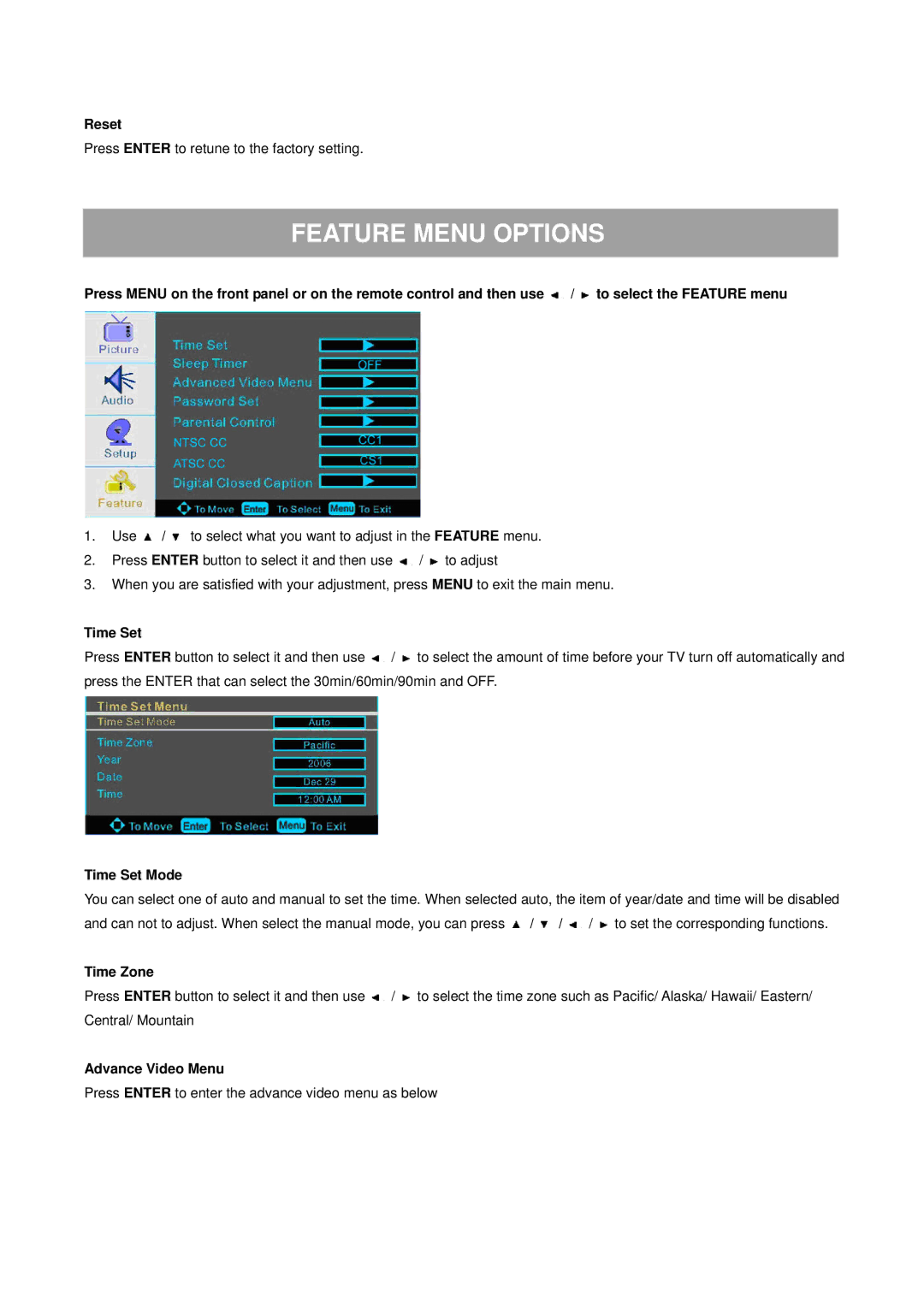 ProScan 32LA30Q manual Feature Menu Options 