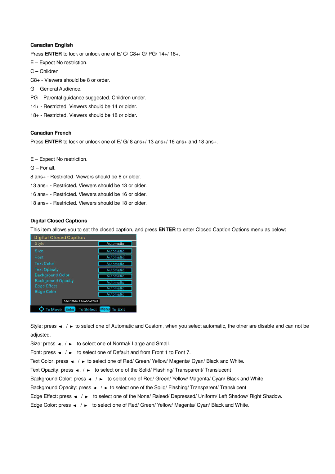 ProScan 32LA30Q manual Canadian English, Canadian French, Digital Closed Captions 