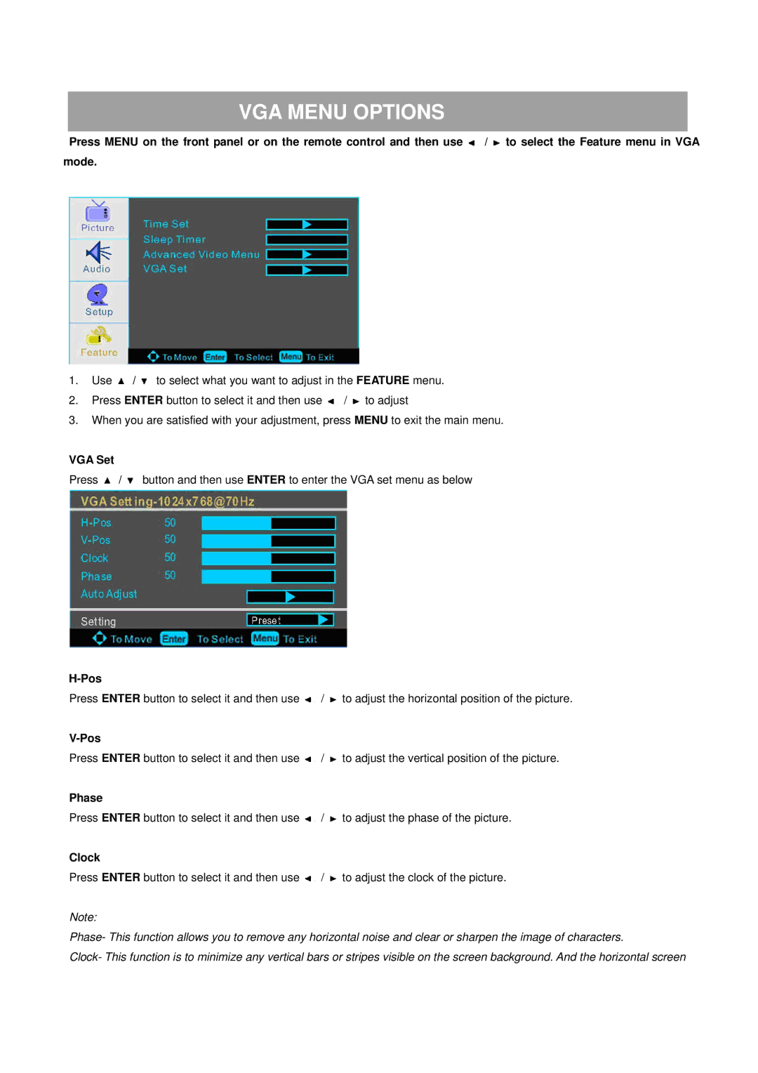 ProScan 32LA30Q manual VGA Menu Options, VGA Set, Pos, Phase, Clock 