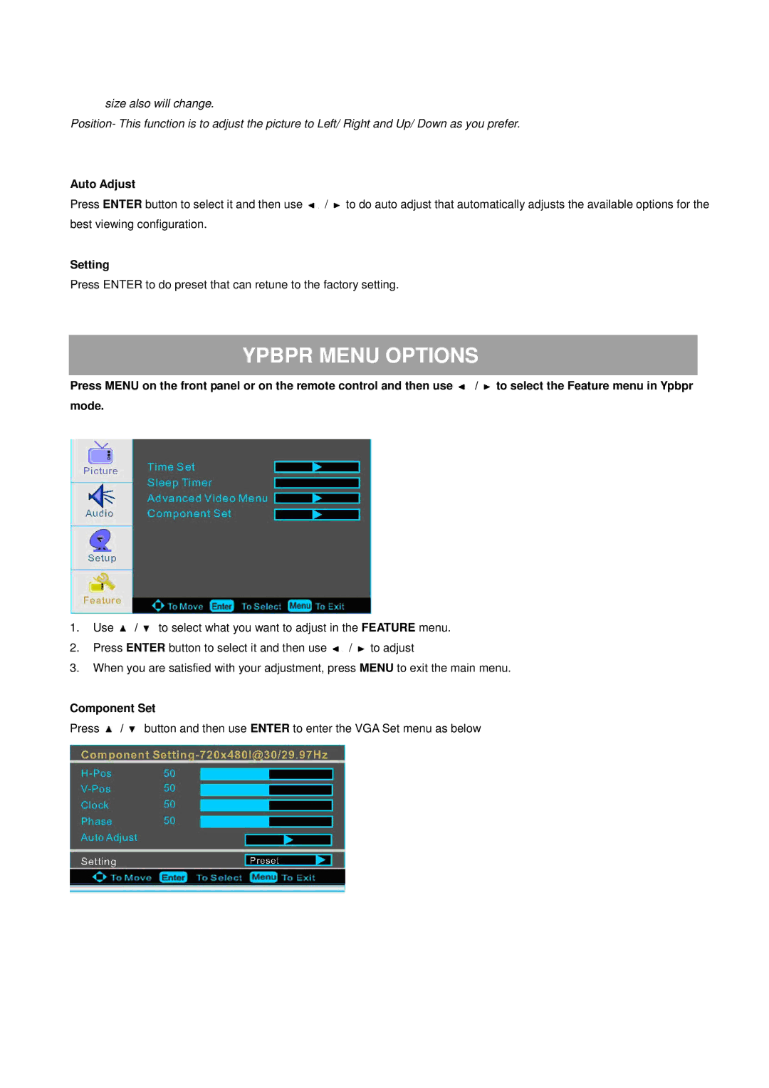 ProScan 32LA30Q manual Ypbpr Menu Options, Auto Adjust, Setting, Component Set 