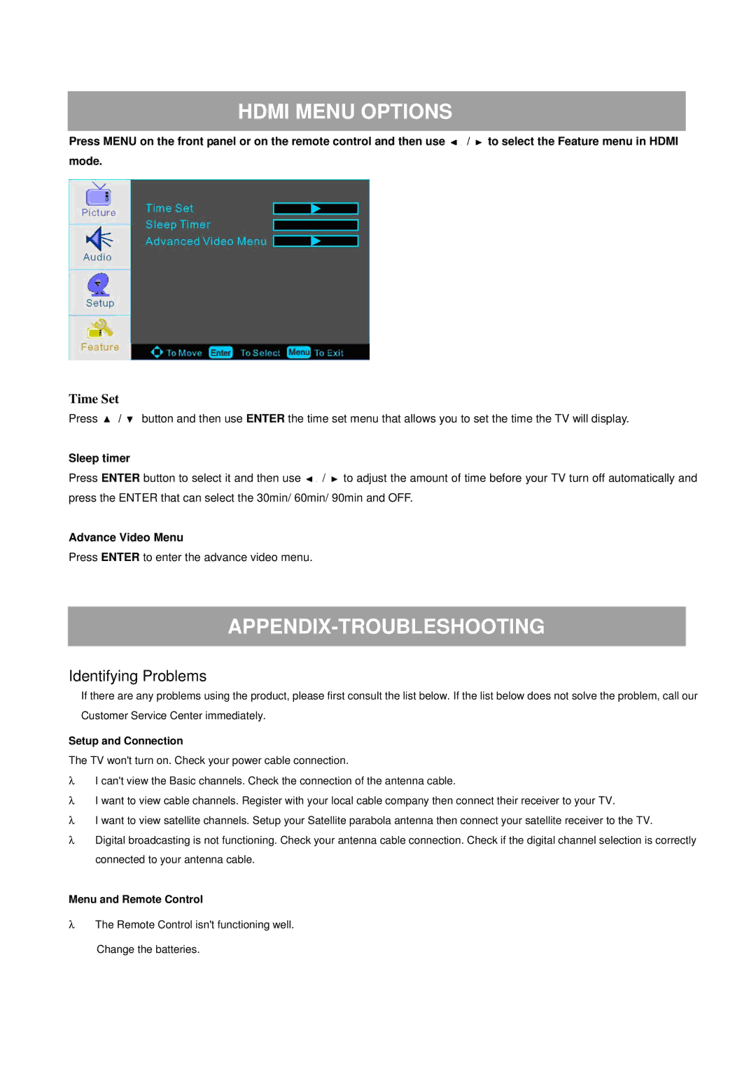 ProScan 32LA30Q manual Hdmi Menu Options, Appendix-Troubleshooting, Sleep timer 