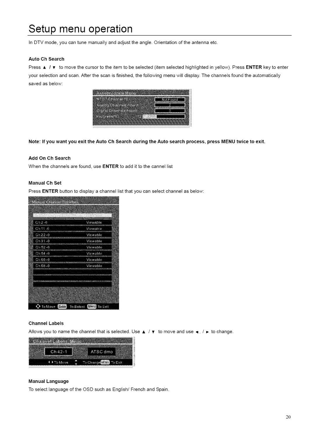 ProScan 26LB30QD, 32LB30QD instruction manual Add On Ch Search, Manual Ch Set, Manual Language 