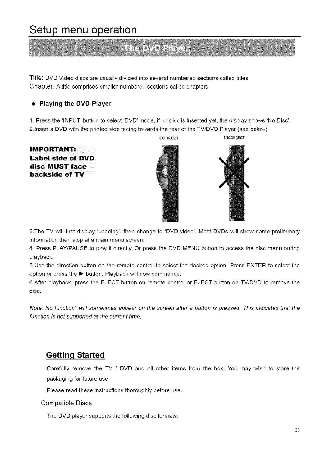 ProScan 26LB30QD, 32LB30QD instruction manual Playing the DVD Player, Compatible Discs 