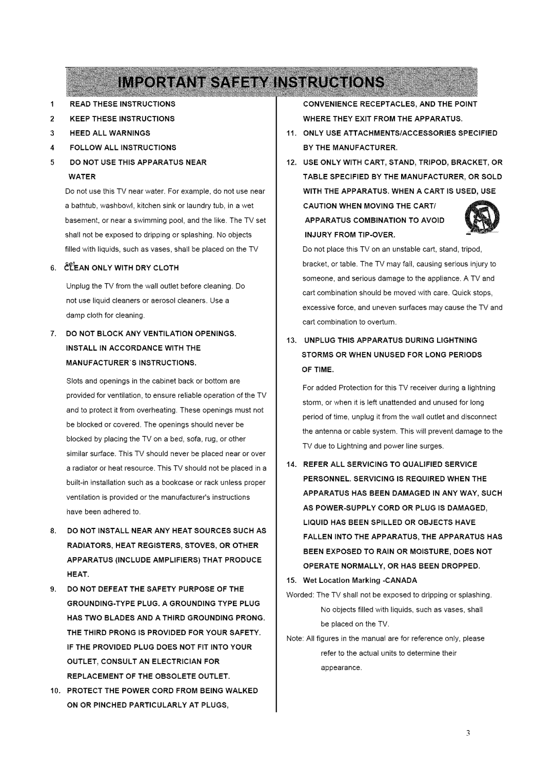 ProScan 32LB30QD, 26LB30QD instruction manual Do not USE this Apparatus Near Water 