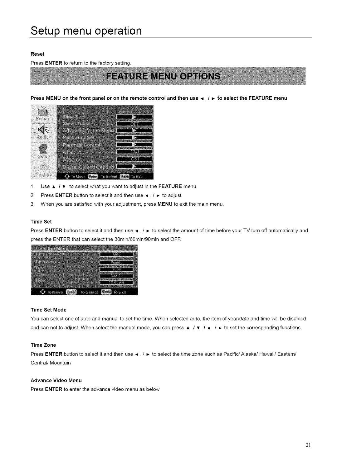 ProScan 32LB30QD, 26LB30QD instruction manual Setup menu operation, Reset, Time Set Mode 