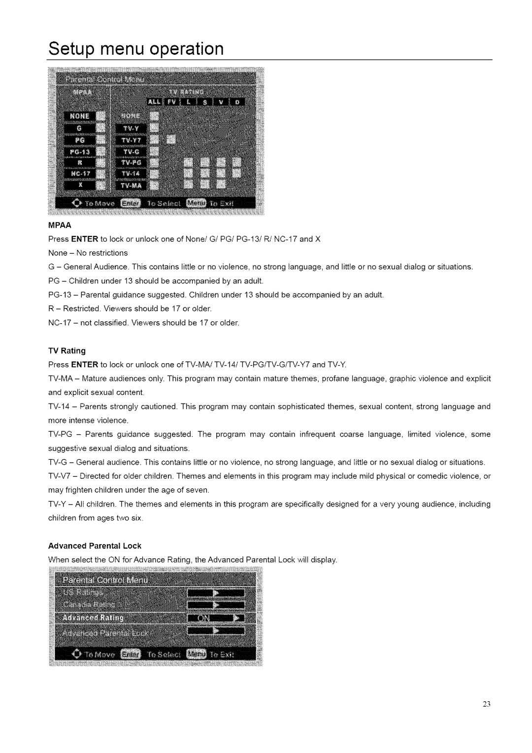 ProScan 32LB30QD, 26LB30QD instruction manual Setup menu operation, Advanced Parental Lock 