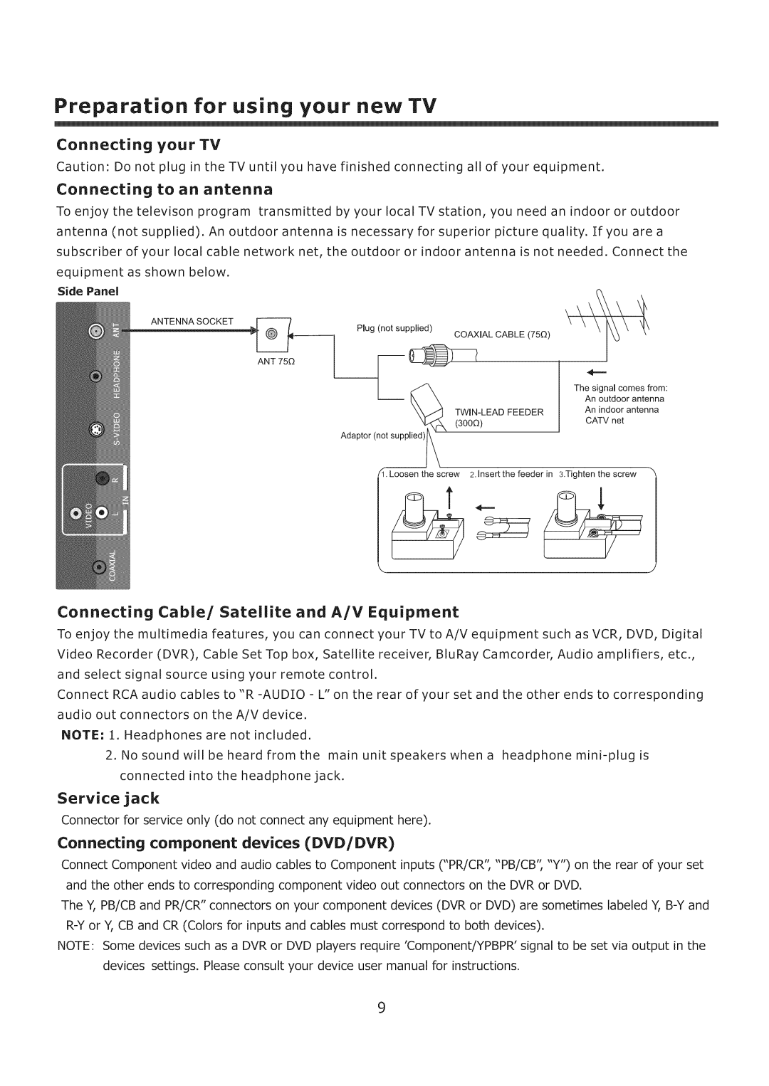 ProScan 32LC30S57 Connecting your TV Connecting to an antenna, Connecting Cable/Satellite and A/V Equipment, Service jack 