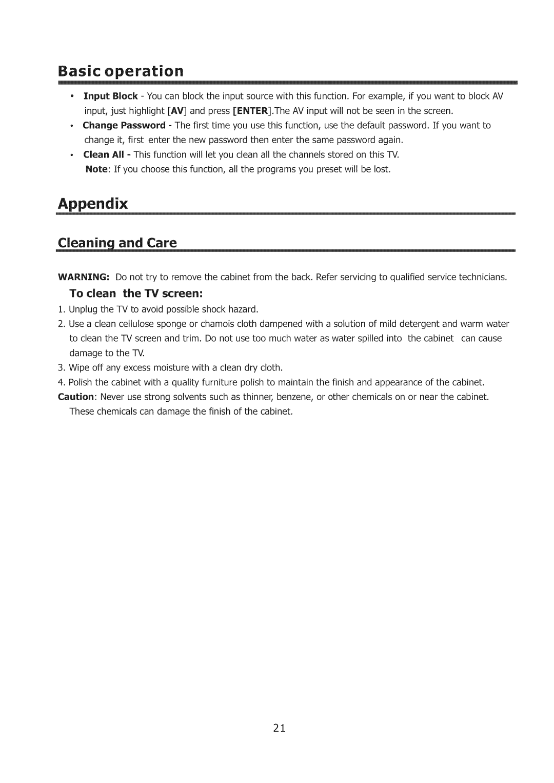 ProScan 32LC30S57 user manual Appendix, To clean the TV screen 