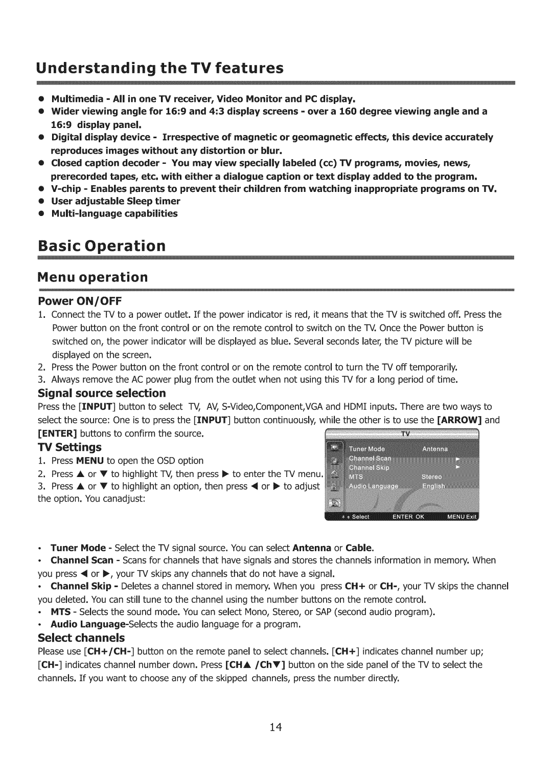 ProScan 32LC30S60 user manual Menu operation, Signal source selection, TV Settings, Select channels, Power ON/OFF 