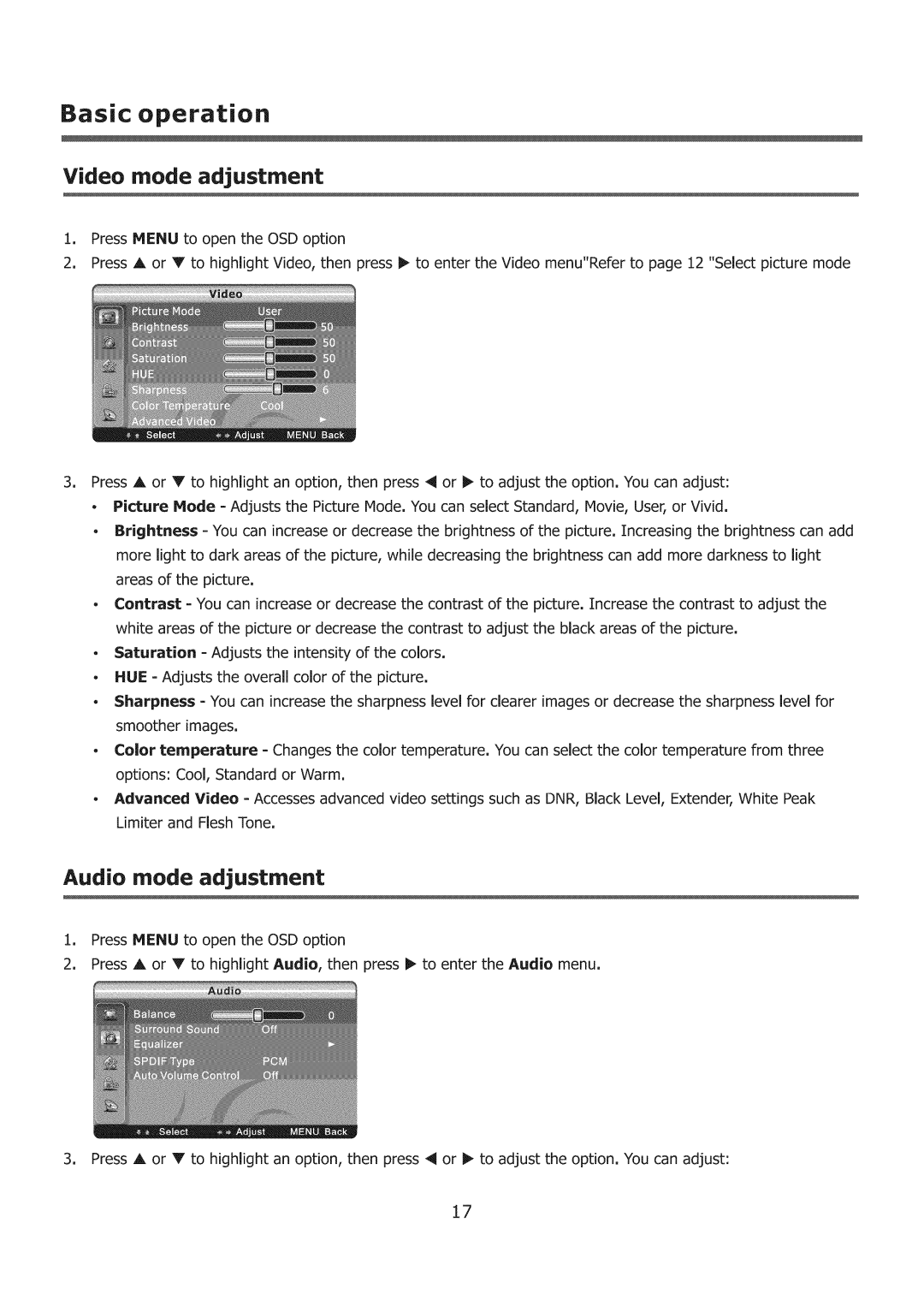 ProScan 32LC30S60 user manual Video mode adjustment, Audio mode adjustment 