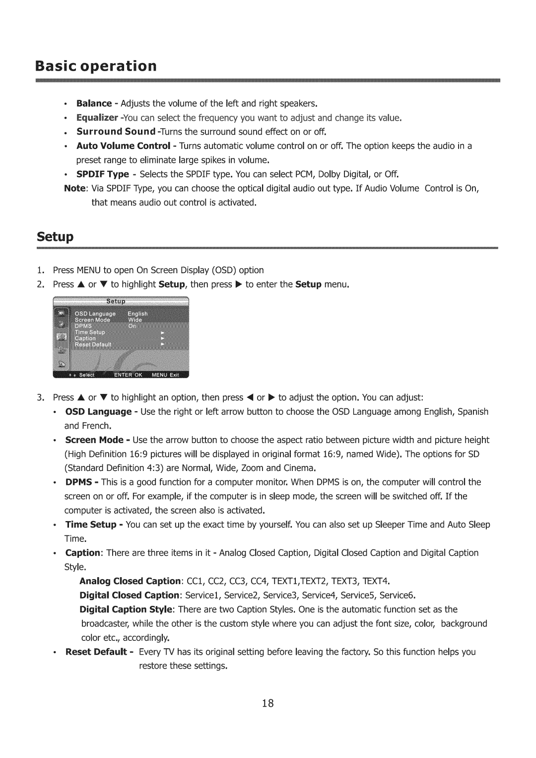 ProScan 32LC30S60 user manual Basic operation, Setup 