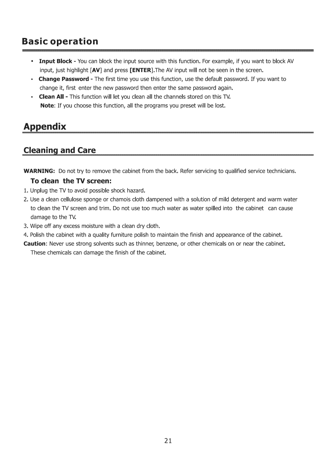 ProScan 32LC30S60 user manual Cleanin and Care, To clean the TV screen 