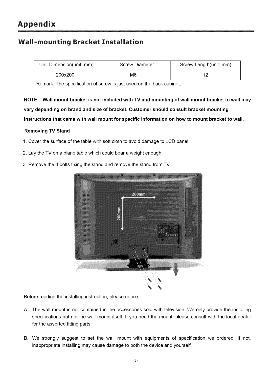 ProScan 32LC30S60 user manual Wall-mounting Bracket Installation 