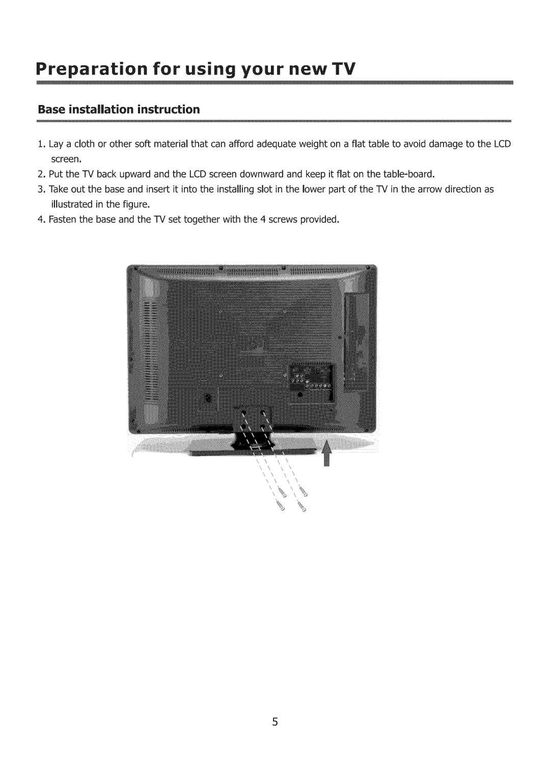 ProScan 32LC30S60 user manual Preparation for using your new TV, Base instalation instruction 