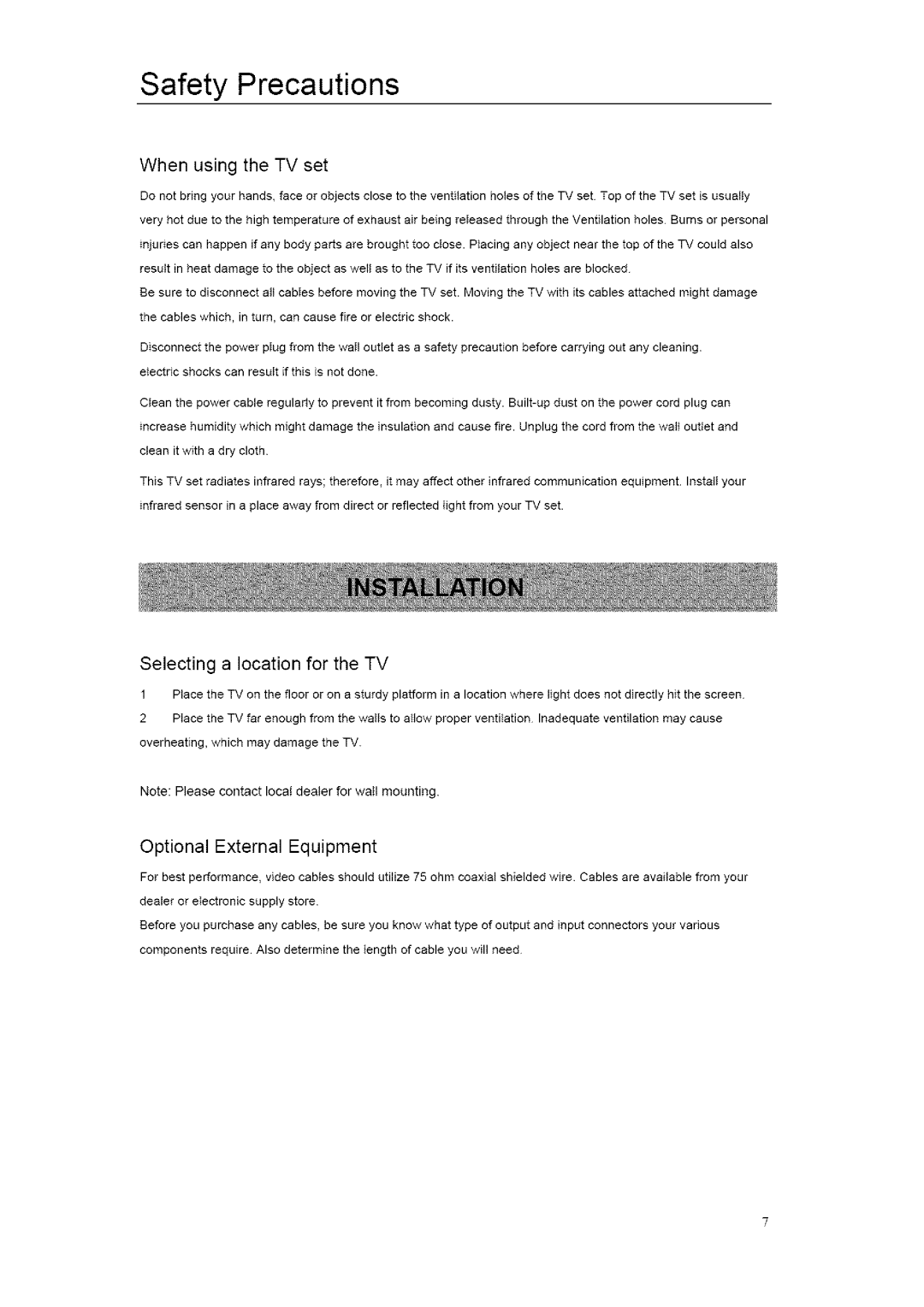 ProScan 37LB30QD manual When using the TV set, Selecting a location for the TV, Optional External Equipment 