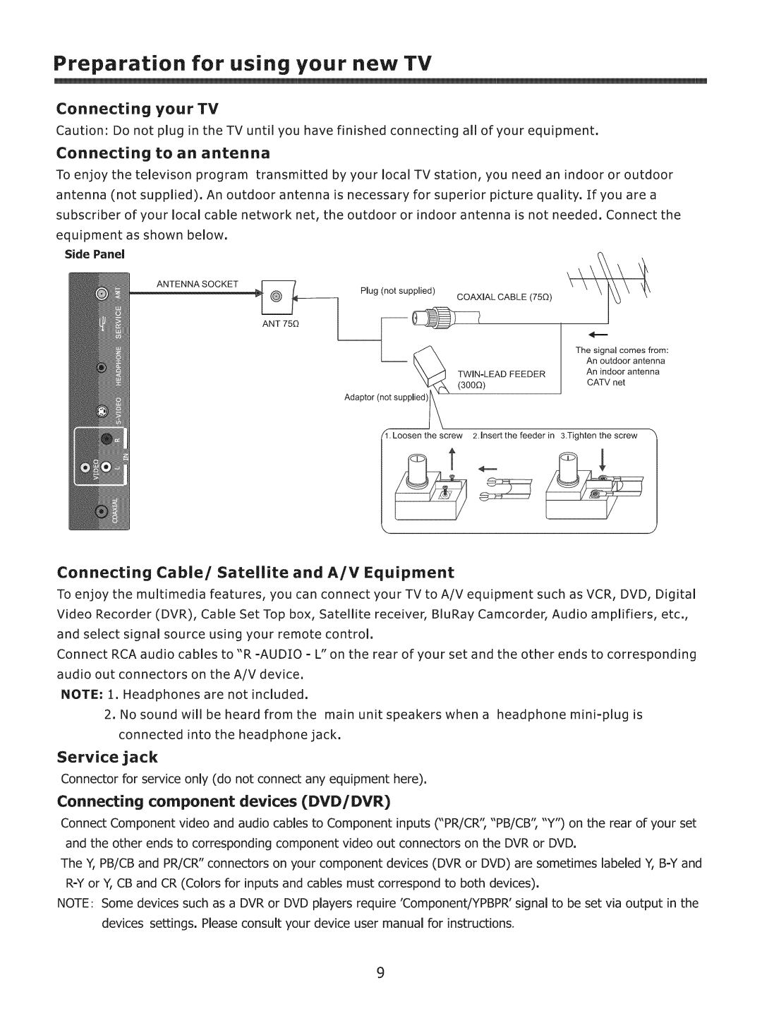 ProScan 37LC30S57 Connecting to an antenna, Connecting Cable/Satellite and A/V Equipment, Service jack, Connecting your TV 