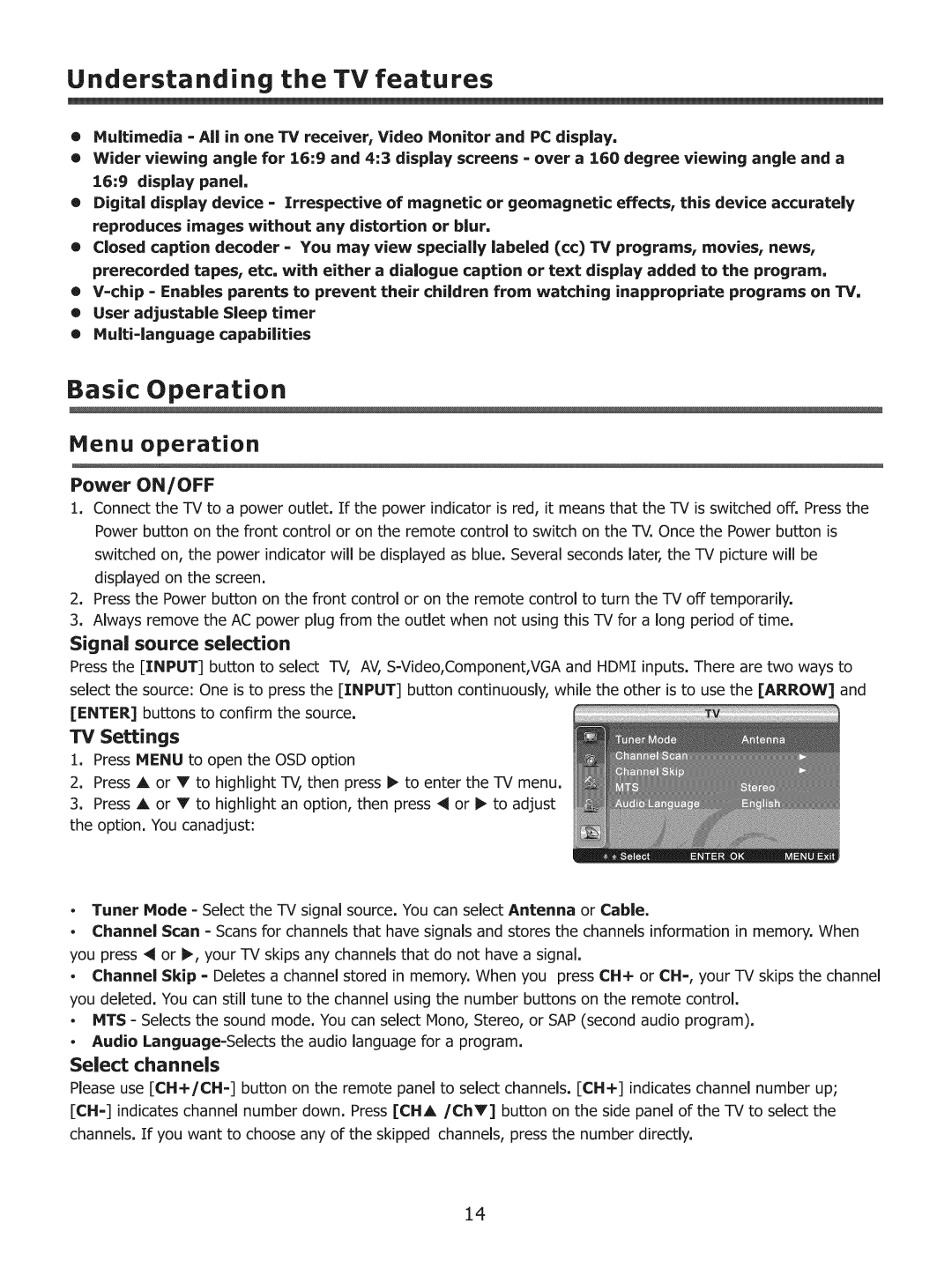 ProScan 37LC30S57 user manual Menu operation, Signal source selection, TV Settings, Select channels, Power ON/OFF 