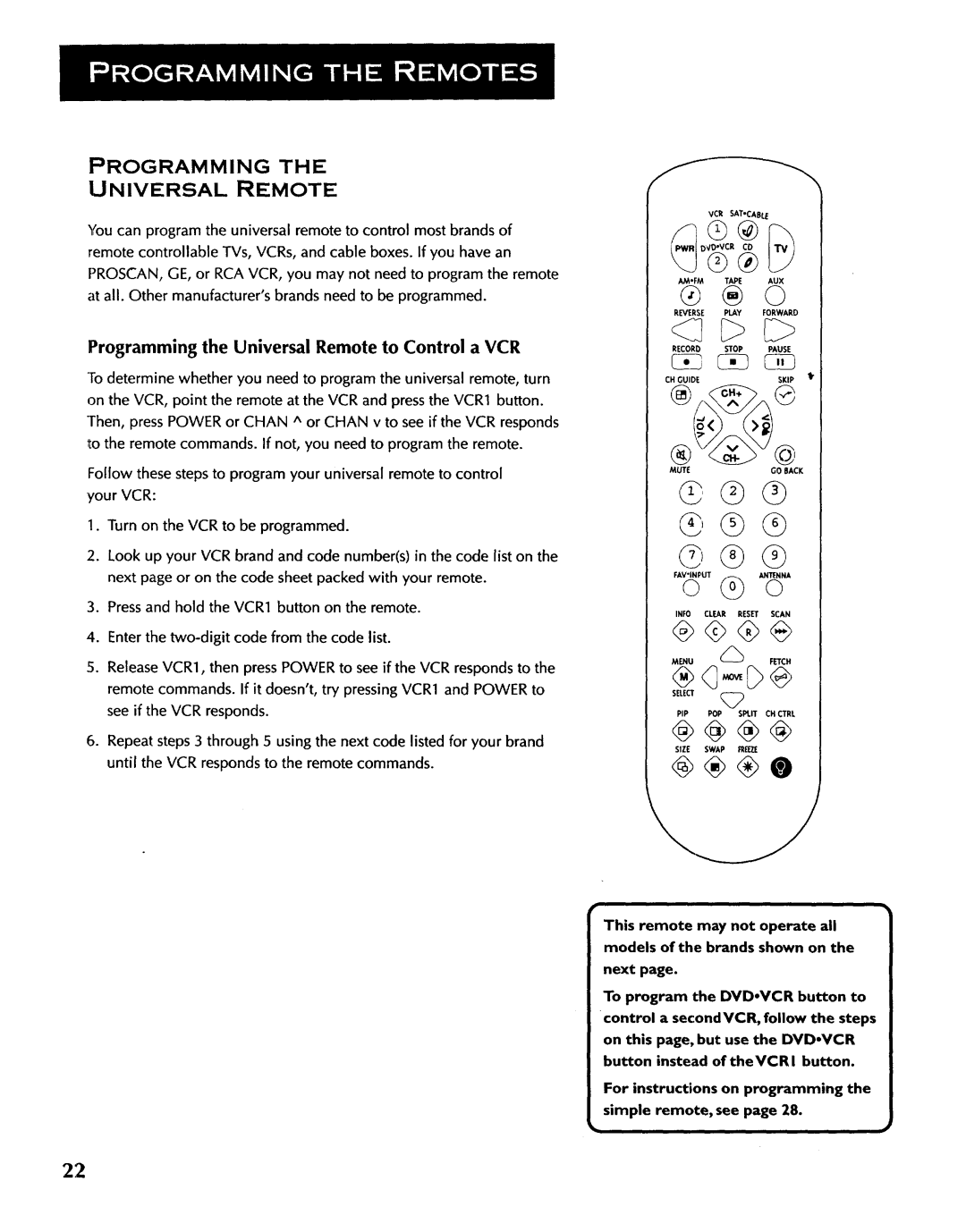 ProScan CRT Television manual Programmingthe Universal Remote, Programming the Universal Remote to Control a VCR 