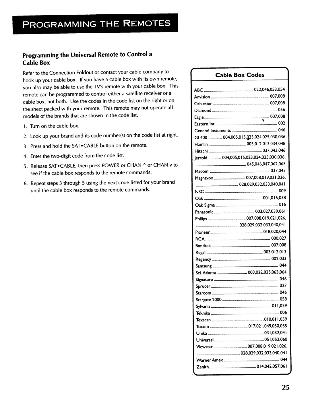 ProScan CRT Television manual Programming the Universal Remote to Control a Cable Box, Cable Box Codes 