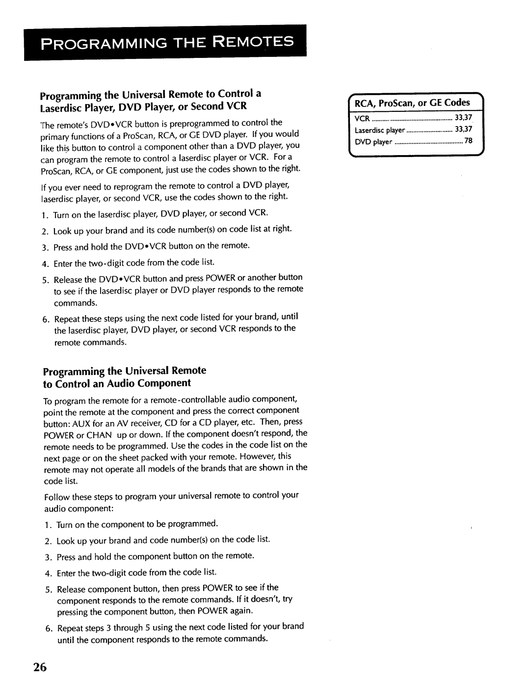 ProScan CRT Television manual 33,37, RRCA, ProScan, or GE Codes 